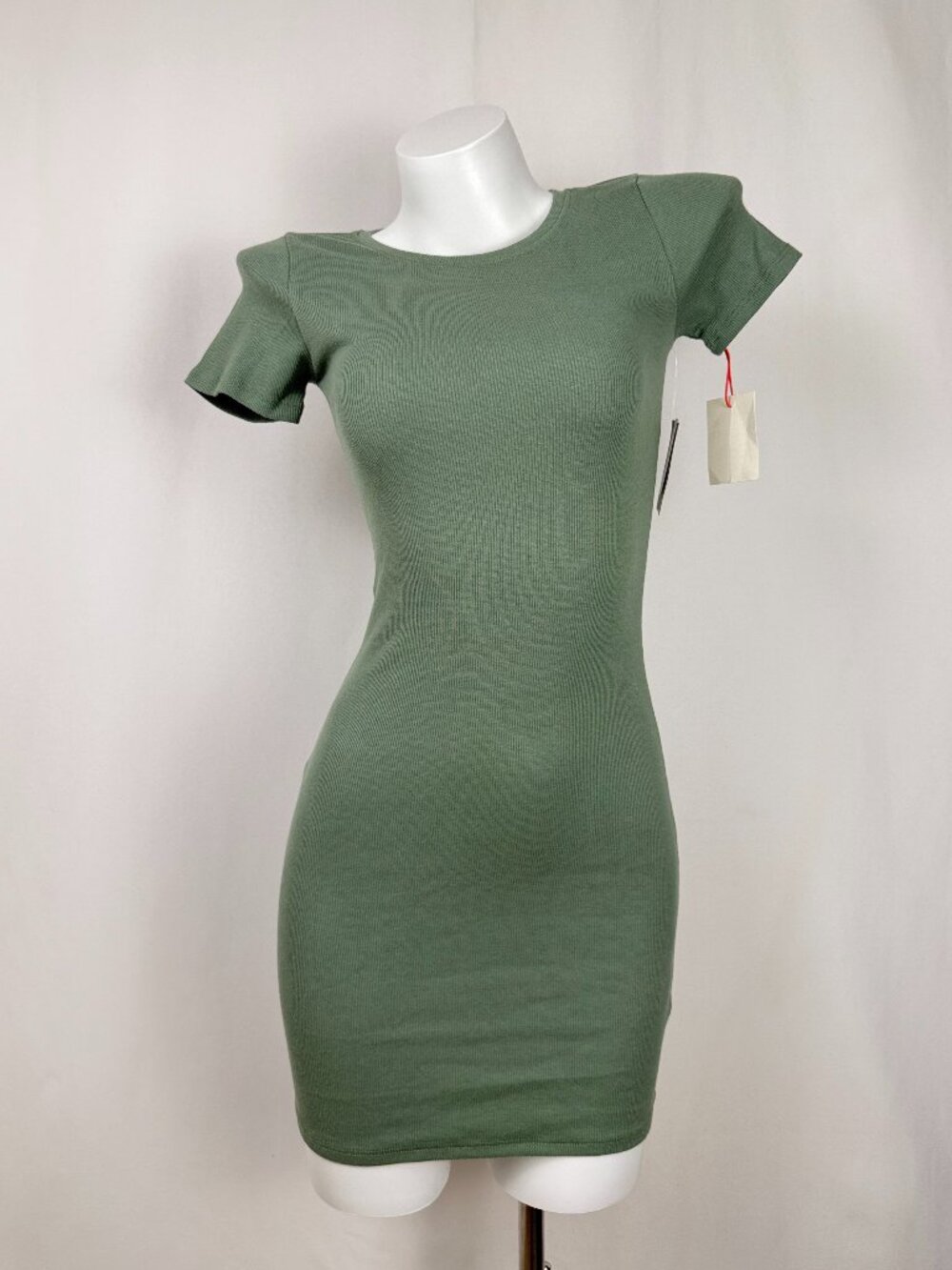 Open Edit Green Ribbed Short Sleeve Bodycon T-Shirt Mini Dress Size XXS
